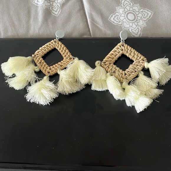 Square Tassel Dangle Earrings w/ White Stud - Picture 1 of 3